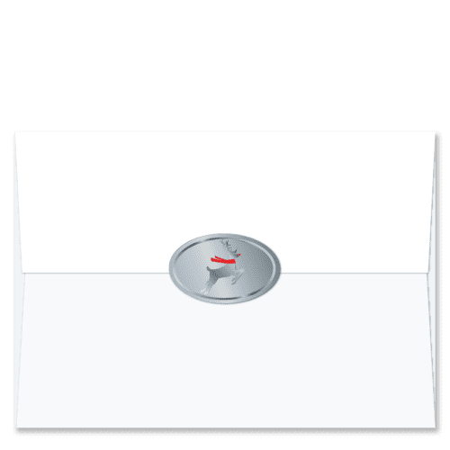 Oval shaped silver foil Christmas card envelope seals with a prancing Rudolph sporting a red scarf and glowing red nose.