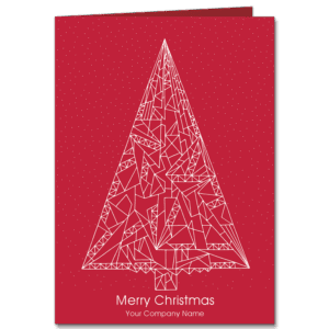 Abstract Christmas tree with ISO International standards organization symbols in white ink printed on rich red card stock.