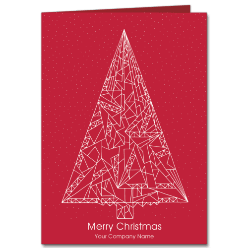 Abstract Christmas tree with ISO International standards organization symbols in white ink printed on rich red card stock.