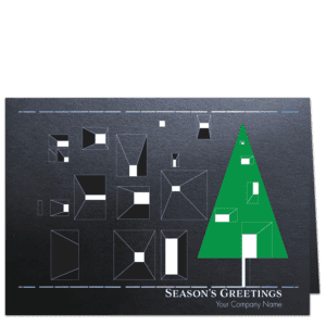 Corporate Christmas card with bright green abstract tree and white and black Le Corbusier style window openings on shimmery black background.
