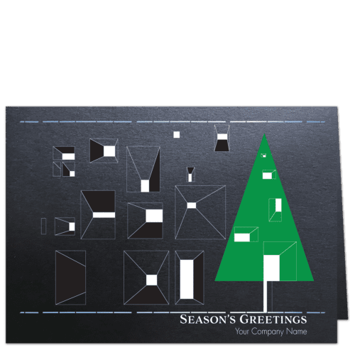 Corporate Christmas card with bright green abstract tree and white and black Le Corbusier style window openings on shimmery black background.