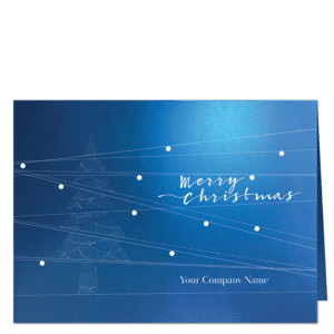 Abstract Christmas tree formed by white dots on shimmery blue background construction themed christmas card.