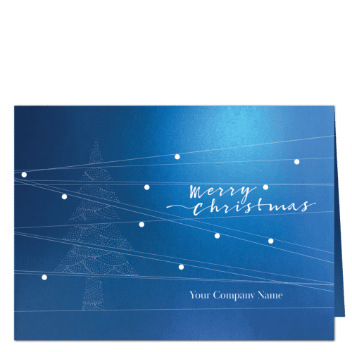 Abstract Christmas tree formed by white dots on shimmery blue background construction themed christmas card.