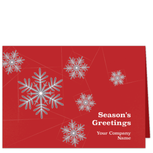 White snowflake outlines delineated on brilliant red card stock with your company name on front.