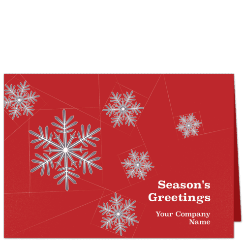White snowflake outlines delineated on brilliant red card stock with your company name on front.
