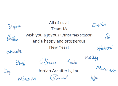 Printed ScriptySigs™ signatures in blue ink cursive fonts surround a holiday greeting and company name on inside of business Christmas card.