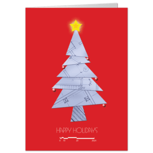 Christmas card with a blueprint tree on bright red background.