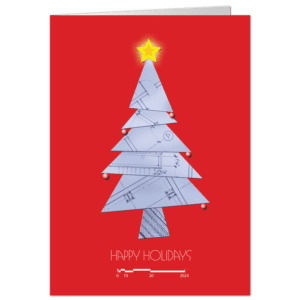 Christmas card with a blueprint tree on bright red background.