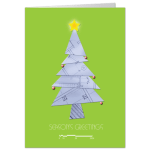 Architecture and Engineering Christmas card with a blueprint tree on lime background and star on top.