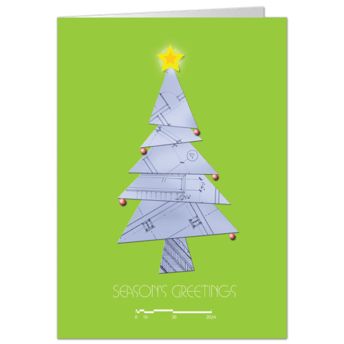 Architecture and Engineering Christmas card with a blueprint tree on lime background and star on top.