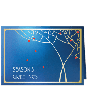 Corporate Holiday card Art Deco style with shades of gold stylized branches and Renne Mackintosh font Season's Greetings on shimmery metallic blue card stock
