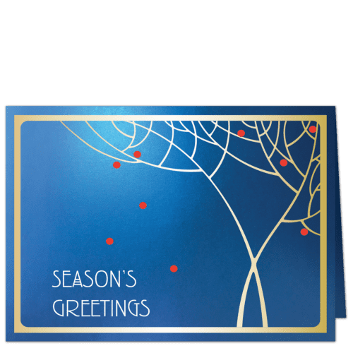 Corporate Holiday card Art Deco style with shades of gold stylized branches and Renne Mackintosh font Season's Greetings on shimmery metallic blue card stock