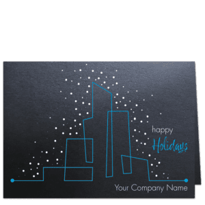 Corporate holiday cards with bright cyan city outline and white dot snowflakes on shimmery black card stock featuring your company name on the front.