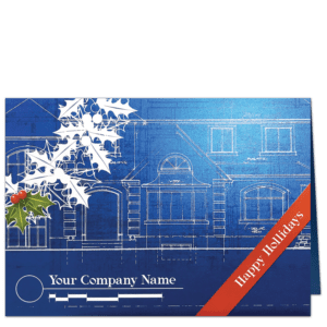 Architecture Company Christmas card with a blueprint design of a house elevation and sprig of holly. Features your company name on the card front.