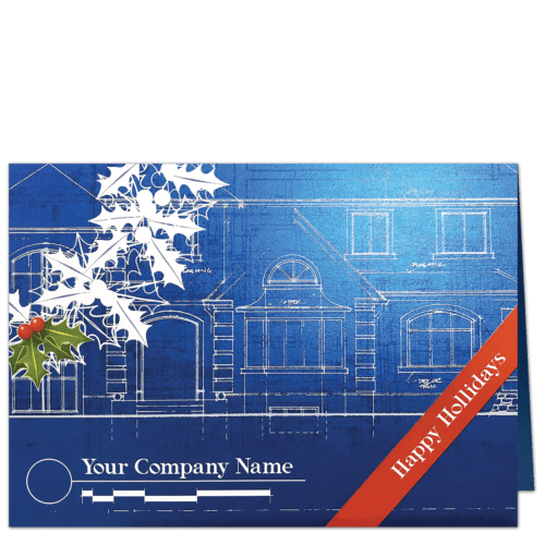Architecture Company Christmas card with a blueprint design of a house elevation and sprig of holly. Features your company name on the card front.