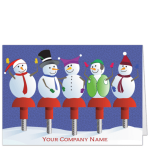 Construction company Christmas card with 5 jaunty snowmen sitting on rebar safety toppers.