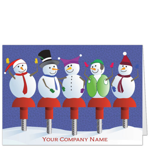 Construction company Christmas card with 5 jaunty snowmen sitting on rebar safety toppers.