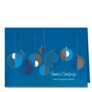 Custom Christmas Cards for Business on shimmery blue card stock featuring stylized mid century modern ornaments blues, white, and umber.