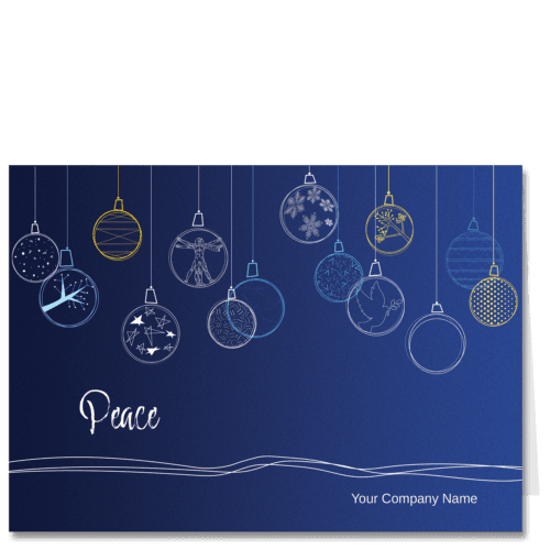 Architect Christmas cards featuring a rich deep indigo blue background and hanging outlined ornaments. Each ornament includes different patterns related to architecture, even including a Vitruvian man. Your choice of holiday greeting and company name are displayed in elegant fonts on this card.