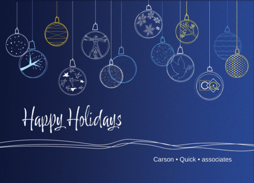 This architect Christmas cards with customizable hanging ornaments including a logo demonstrate why Cardphile architect cards are the hallmark of the industry. This card features editable Happy Holidays and company name text on the front.