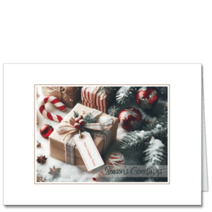 Christmas cards corporate style with an eco friendly package featuring your company name on the gift tag.