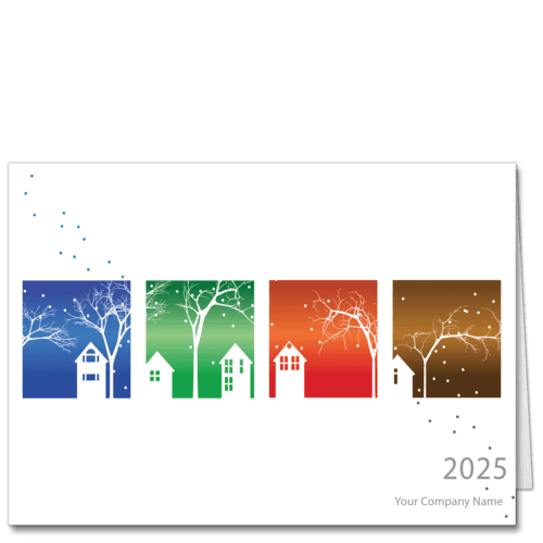 A business holiday greeting card for the New Year featuring 4 seasons and your company name on the front.