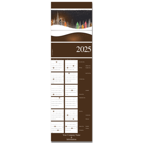 A cozy winter village scene sits atop this calendar greeting card.