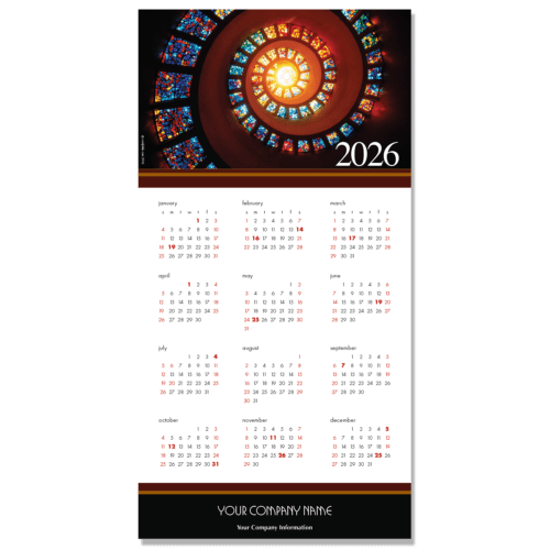 A beautiful Business Calendar Card Greeting featuring a spiral stained glass ceiling image and your company name and info.