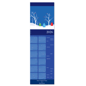 Calendar greeting cards with a wintry scene. Simple houses in primary colors adorn this 12 month calendar greeting card with your company name on the front.