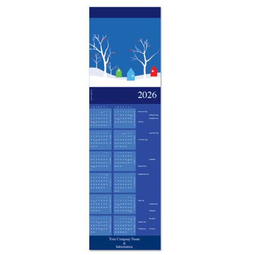 Calendar greeting cards with a wintry scene. Simple houses in primary colors adorn this 12 month calendar greeting card with your company name on the front.