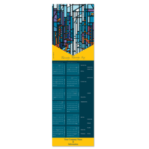 Business calendar greeting card design with stained glass Wright style window and your company info.