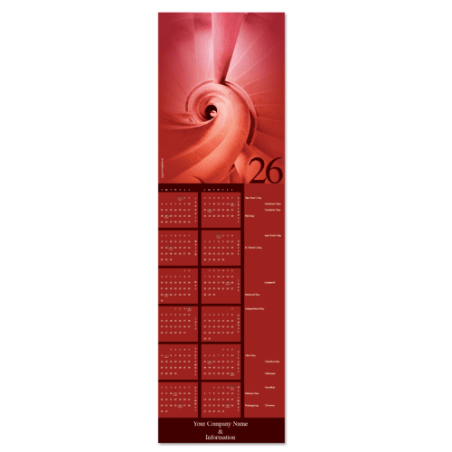 Business calendar greeting card with stone spiral stair column in rich red hues.