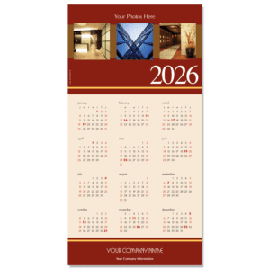 This rich rust colored background borders your own images that you can upload to create an impressive calendar greeting card with your company name on the bottom.