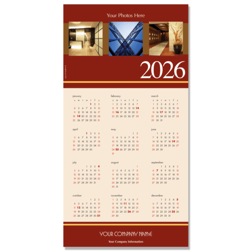 This rich rust colored background borders your own images that you can upload to create an impressive calendar greeting card with your company name on the bottom.