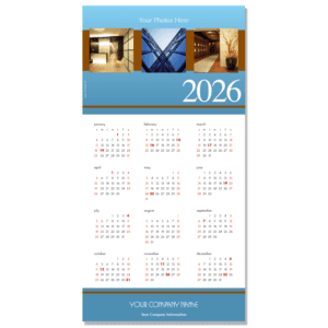 This fresh sky blue colored background borders your own uploaded images to create an impressive calendar greeting card with your company name on the bottom.