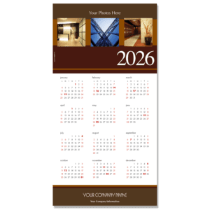 Custom Photo Calendar Card with 3 places for your own photos and featuring your company name and info on the bottom. Calendar card colors are shades of deep brown and rust.