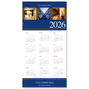 Custom Photo Calendar Card with 3 places for your own photos and featuring your company name and info on the bottom. Calendar card colors are shades of deep Indigo blue and rust.