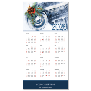 A corporate calendar greeting card with an ionic column capital adorned with a fir spray and red berries.