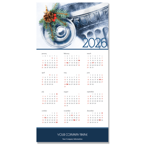 A corporate calendar greeting card with an ionic column capital adorned with a fir spray and red berries.