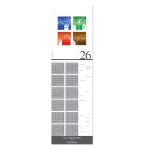 This business calendar card features a residential scene through all four season and your company info on the bottom.