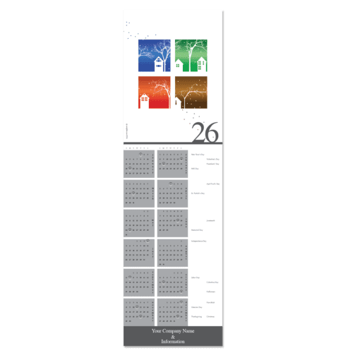 This business calendar card features a residential scene through all four season and your company info on the bottom.