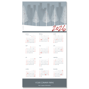 A business calendar greeting card with a winter scene of white trees against a city background. Tiny red birds are on the trees.