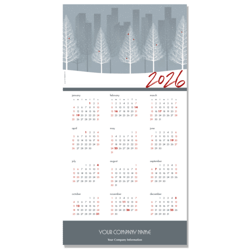 A business calendar greeting card with a winter scene of white trees against a city background. Tiny red birds are on the trees.