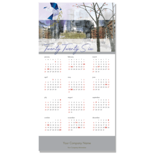 An architecture firm calendar card featuring a sketch of a city square and and origami dove made of a blueprint.