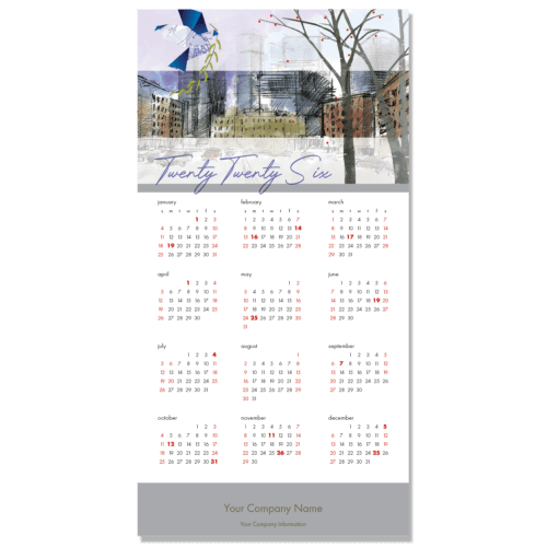 An architecture firm calendar card featuring a sketch of a city square and and origami dove made of a blueprint.