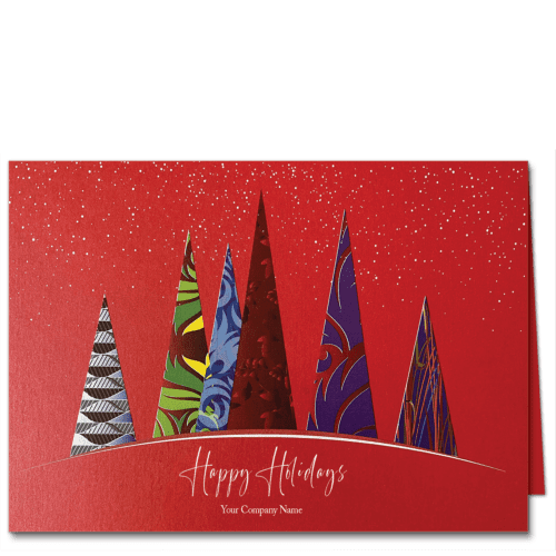 Personalized holiday cards with a modern forest scene of stylized Christmas trees in wild patterns against a shimmery red background. Your choice of greeting and company name can be edited online for free.