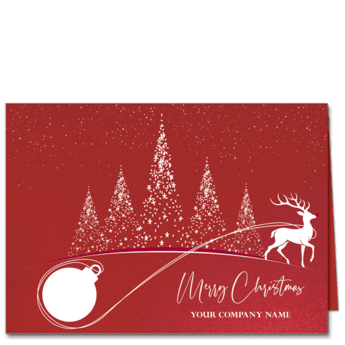 Elegant personalized Christmas cards depict a prancing reindeer with a white ornament in tow in front of stylized Christmas trees all in white ink. Your card front greeeting and optional company or family name can be edited online for free.