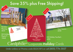 Cardphile business holiday cards postcard announcement with a variety of business holiday cards with a bright green background.
