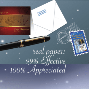Cardphile business holiday cards links to reviews and testimonials page. Greeting card, envelope, pen and stamp are displayed above the words "real paper: 99% Effective, 100% Appreciated