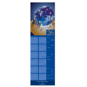 This business calendar card exemplifies teamwork as small figures on ladders work together to adorn the globe with stars. You company name and info is featured at the bottom of the card.